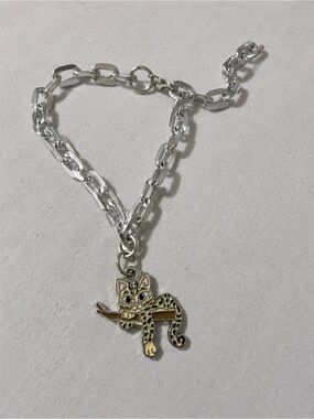 Y2K Silver Tone Leopard Cat Charm Bracelet Kawaii Animal Jewelry